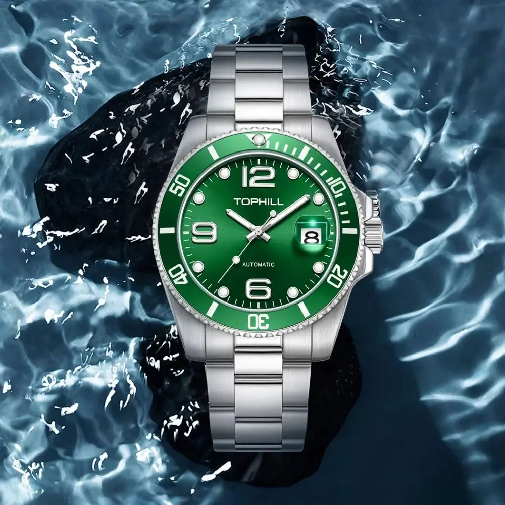 TOPHILL 40mm Dandong 2820 Men Mechanical Automatic Watch Waterproof Sunray Easy Read Dial 3H Cyclops Date C3 Bar TD006G