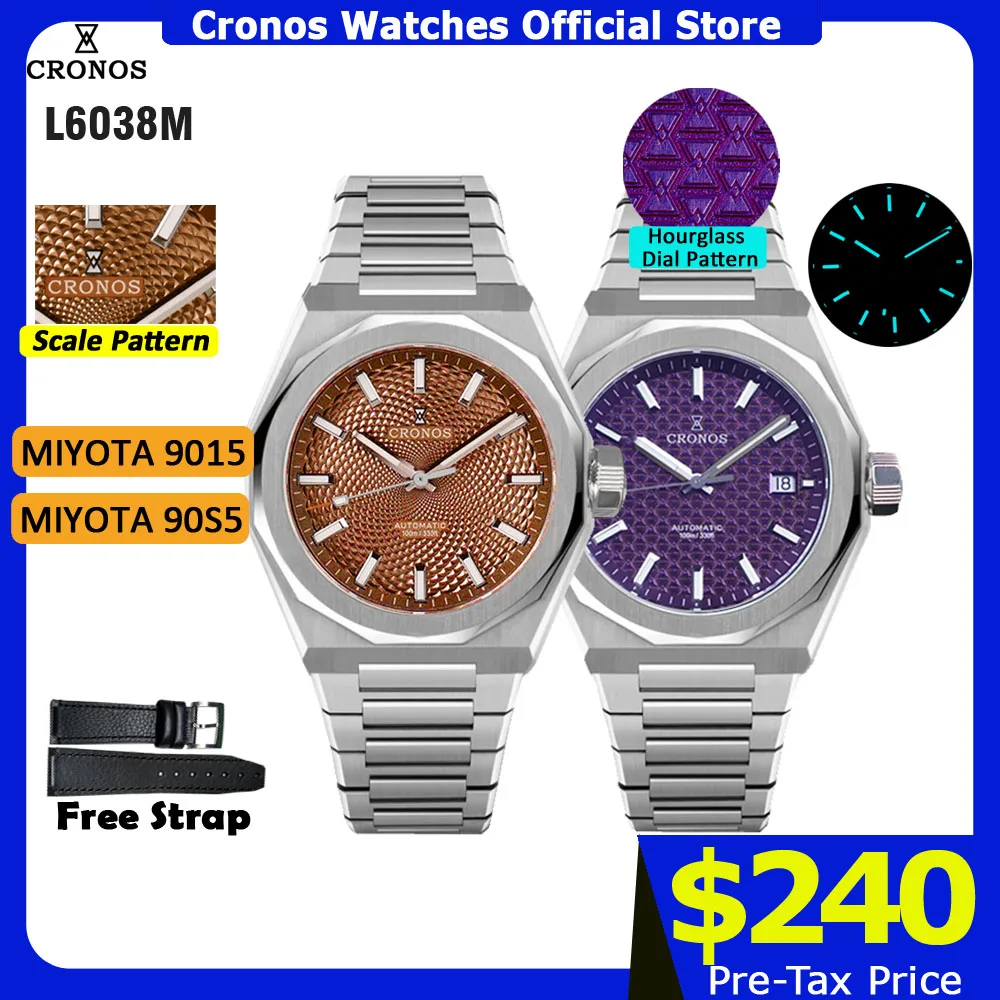 

Роскошные мужские часы Cronos, 39 мм, автоматические, Miyota 90S5, наручные часы с узором в виде шкал, сапфировое стекло, 10ATM, прозрачная задняя крышка, L6038M