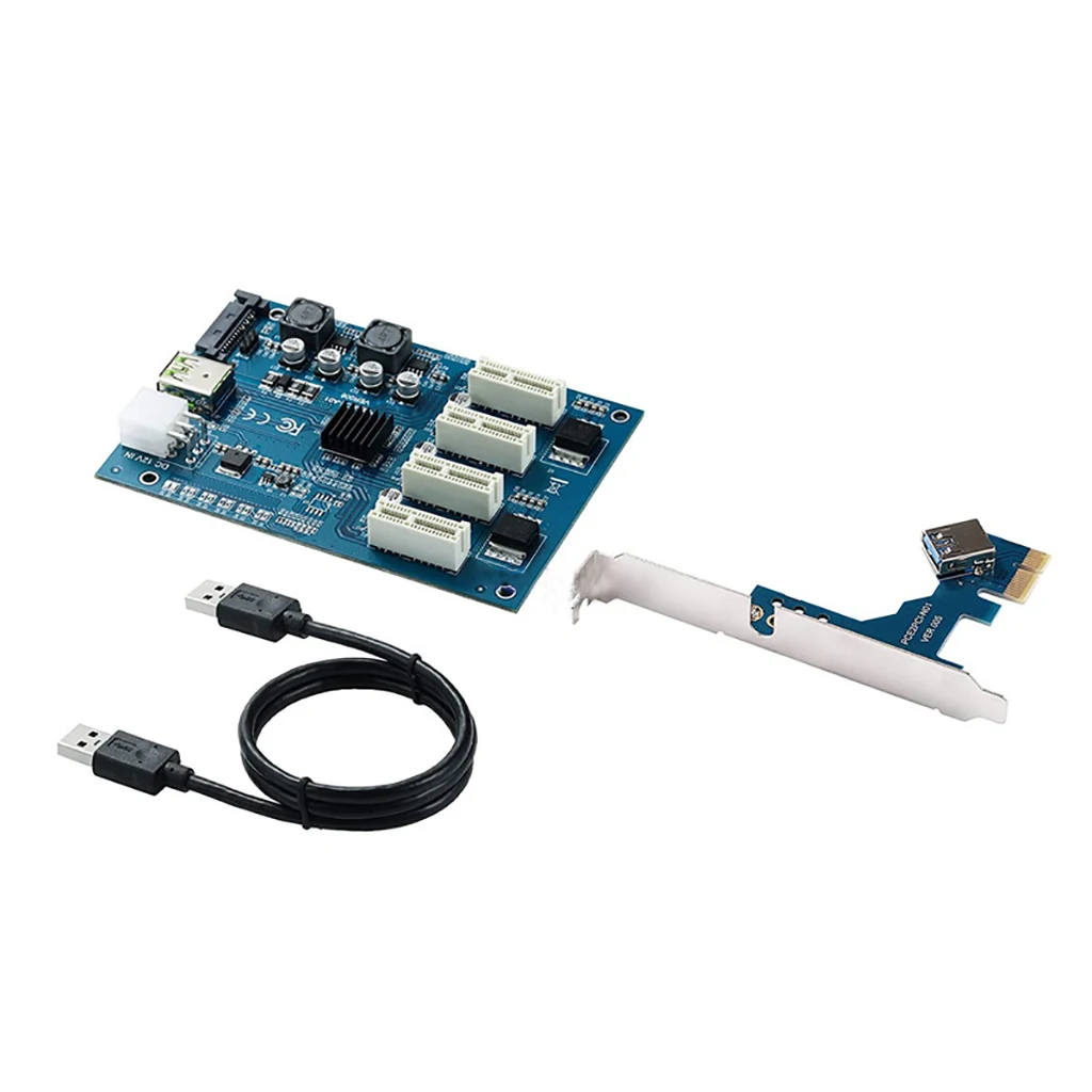 PCI-E 1X To PCIE 4 Slots Adapter Card PCI Express Expansion Riser Card 1 to 4 PCIe Slot Adapter Riser with 6Pin/SATA 15Pin Port