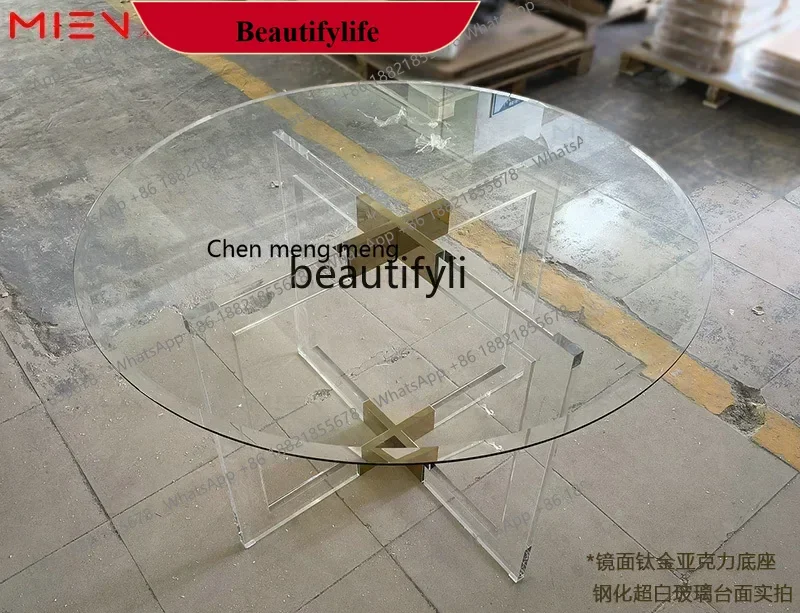 D178   High transparency acrylic round dining table transparent plexiglass dining table stainless steel metal household