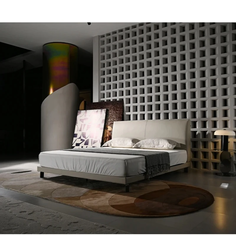 minimalist/imported first-layer cowhide/modern thin bedside flush bed high-end leather double bed