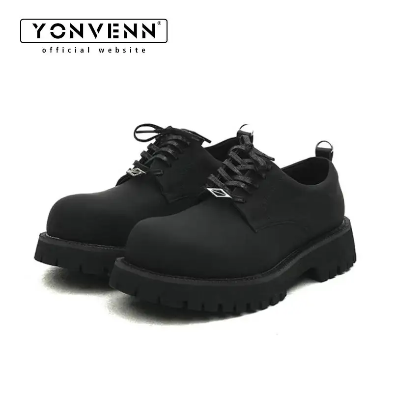 

Carbon black derby leather shoes men's round toe thick soled lightweight work commuting frosted formal dress shoes