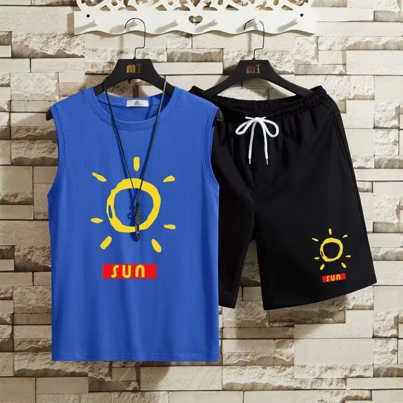 

plus Size Summer Thin Casual Sports Vest Men's Five-Quarter Pants Set Large Size Polyester Fiber Teenage Boys' Leisure Set