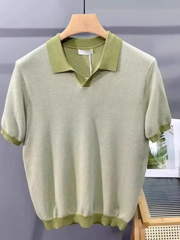 Summer Italian Style O-Neck Ice Silk Knitted  Shirt Men's Short Sleeve Trendy Half Sleeve Turn-down Collar T-ShirtYY227