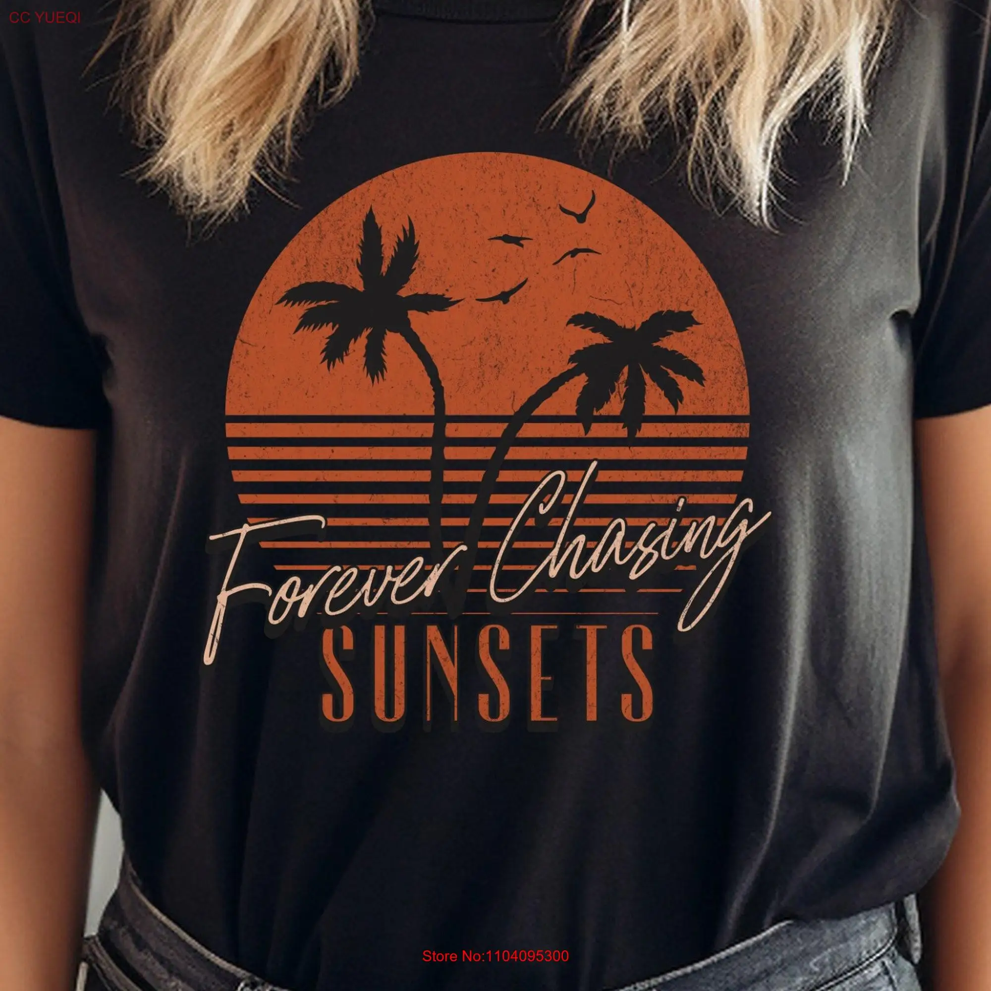 Forever Chasing Sunsets Beach T Shirt Retro Summer Vacation Travel Family Girls Trip long or short sleeves