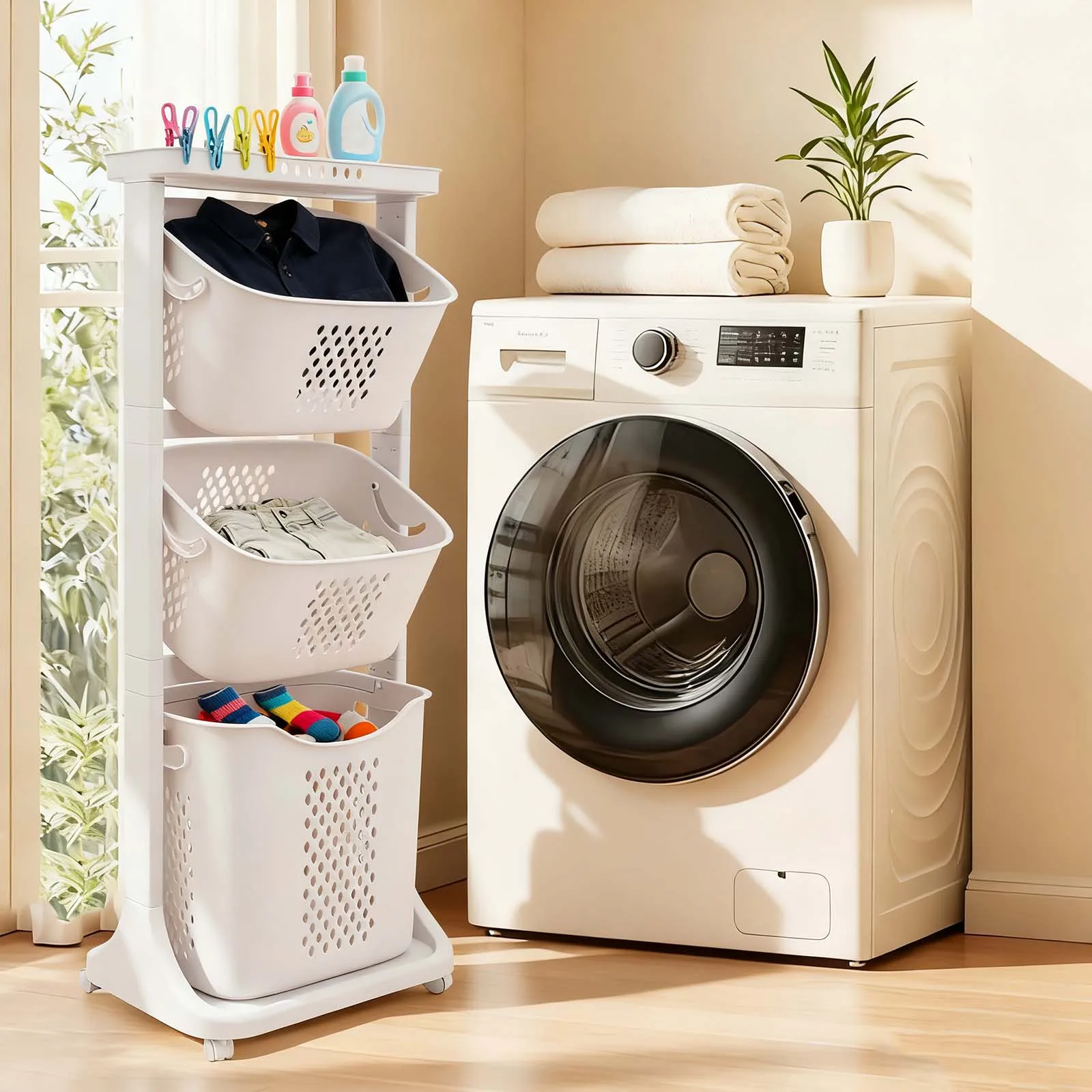 

Collapsible Fabric Storage, Dirty Clothes Hamper, 3-Tier Hanging Baskets Organizer, Large Capacity Laundry Sorter with Wheels