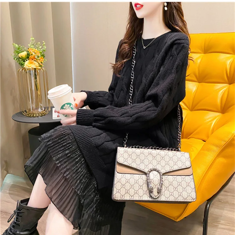 Mid-Length Lace Stitching Sweater Dress Women's Spring New Korean-Style Solid Color Twist Pullover Sweater Ropa Para Mujer