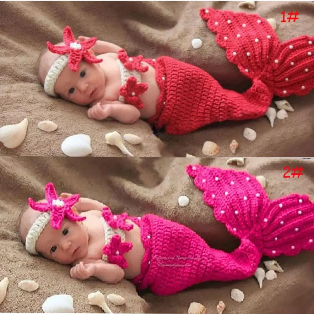 

3pcs/Set Creative Baby Mermaid Costume Set Handmade Soft Baby Photo Props Comfortable Solid Color Infant Knitted Costume