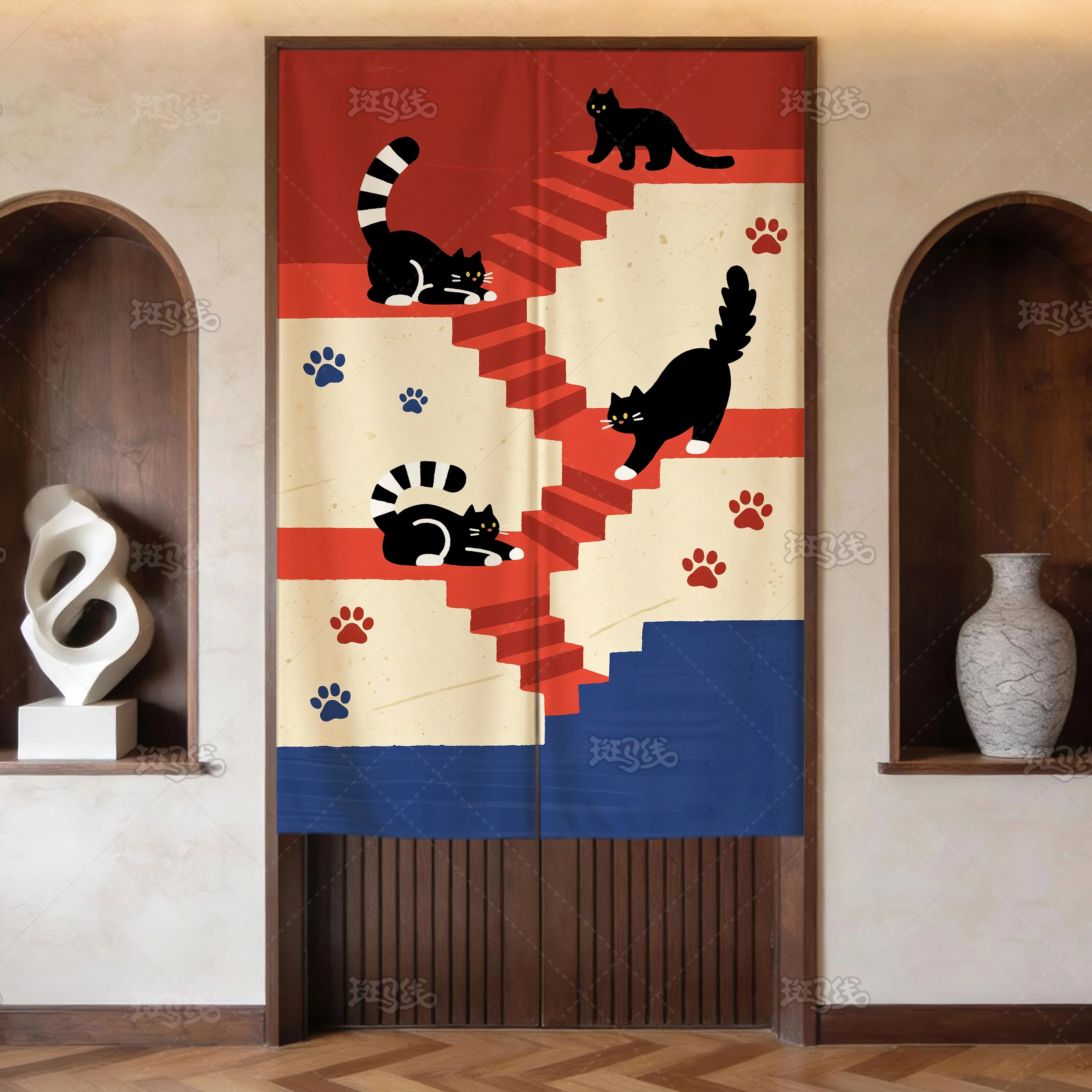 VIKAMA Black Cat Stair Print Noren Door Curtain Retro Cartoon Hanging Curtain Entryway Partition Creative Home Decor