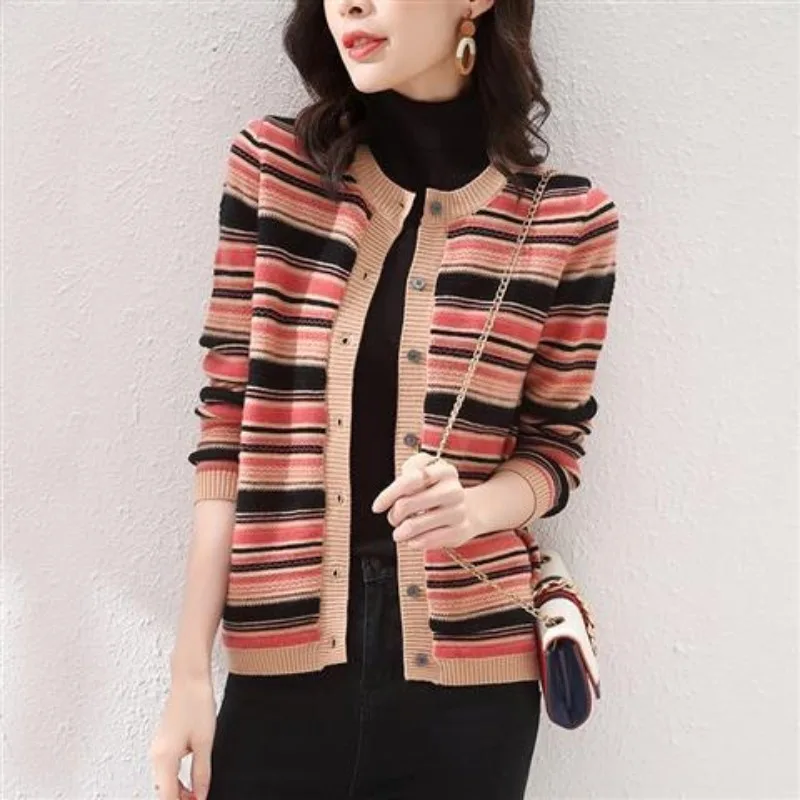 Autumn and Winter Women\'s Round Neck Patchwork Button Striped Sweater Cardigan Fashion Casual Elegant Commuter Long Sleeve Tops