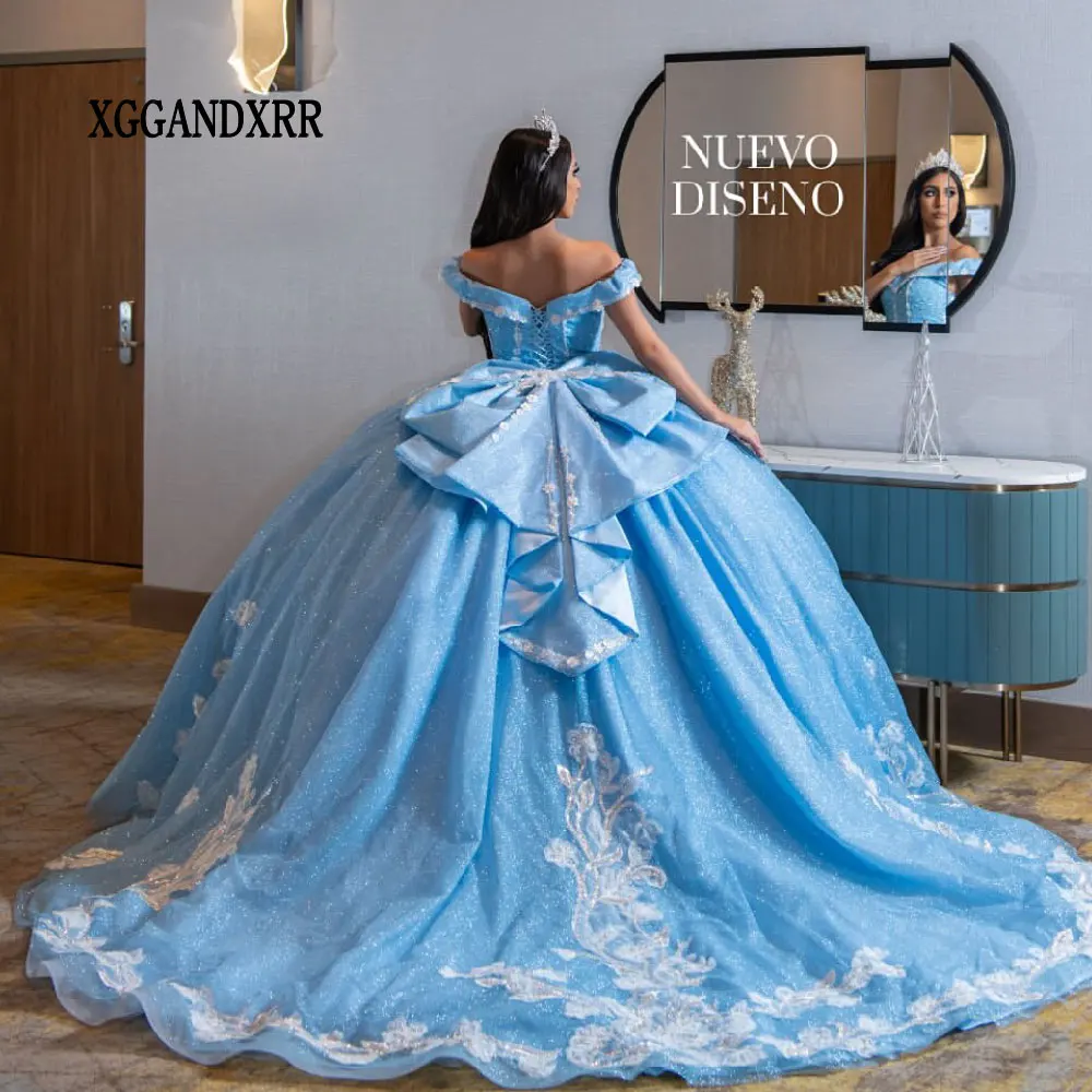 Elegant Blue Quinceanera Dress 2024 Off Shoulder Princess Ball Gown Sweet 15 Birthday Vestidos De XV Años Party Gown Bow