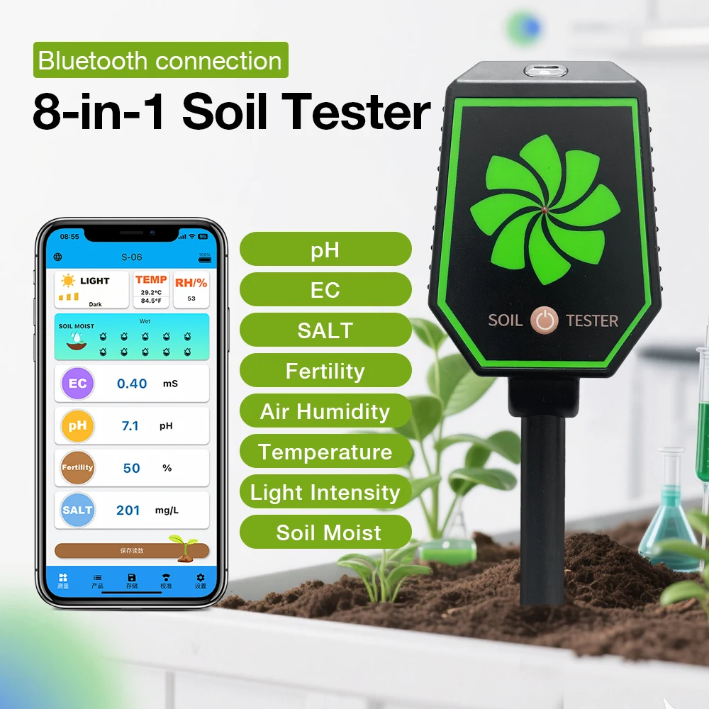 Bluetooth 8 in 1 Soil PH Meter Soil Tester Handheld Multifunction Soil pH/Salt/EC/Fertility/Temp/Humidity/Light/Moisture Monitor