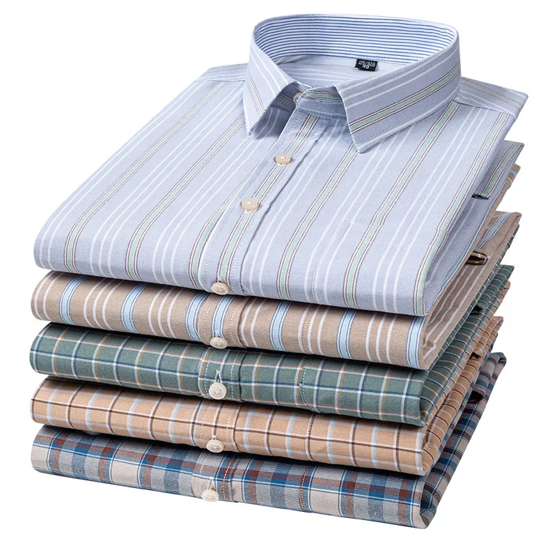 100%Cotton Men Oxford Shirt Long Sleeved For Male Comfort Breathable Classic Plaid Regular Fit Casual Social Shirts 7XL 6XL 5XL