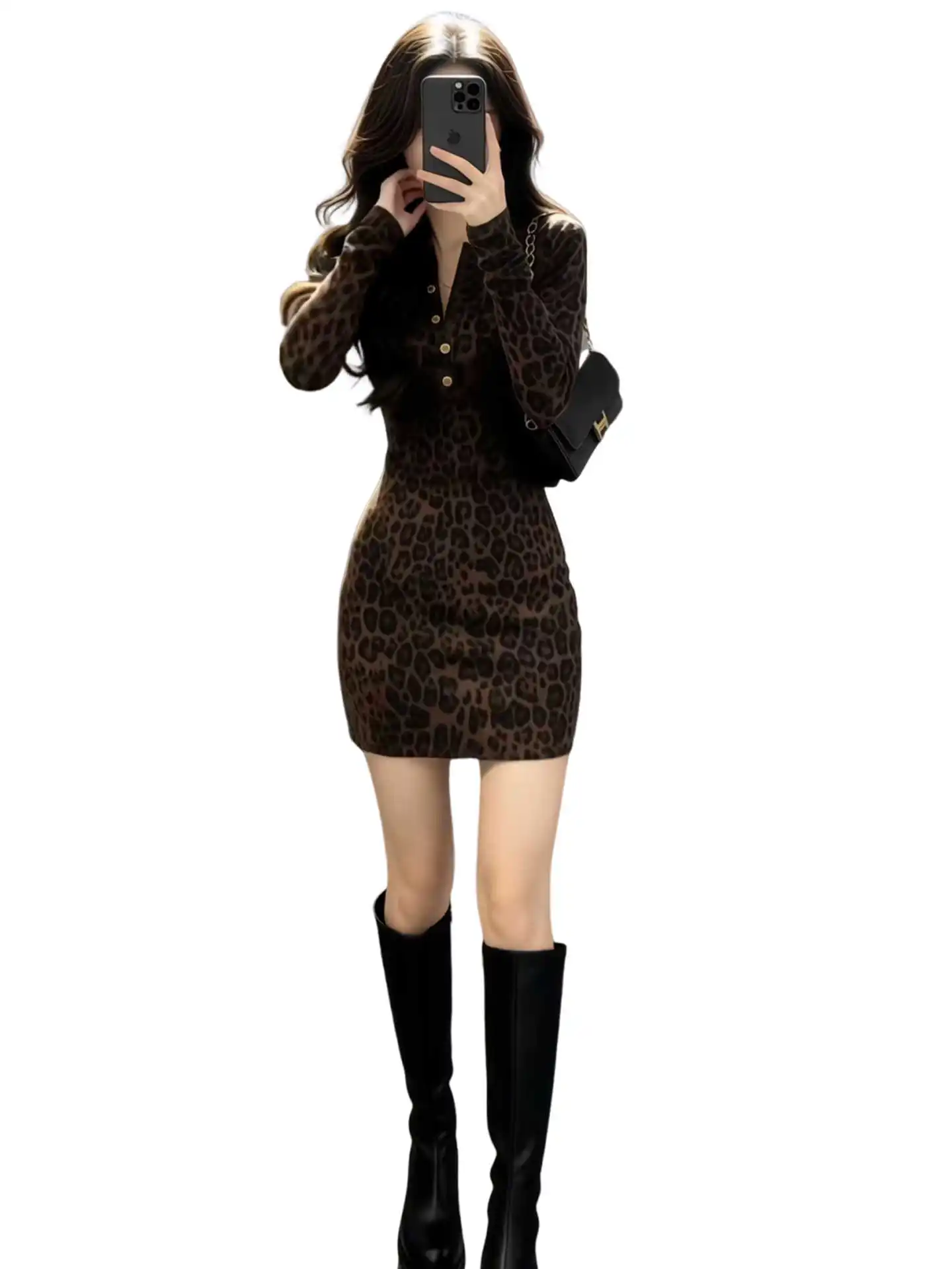 

French Retro Leopard Print Long Sleeved Dress Women 2026 New Slim Fit and Slim Fit A-line Short Skirt With High-end Feel
