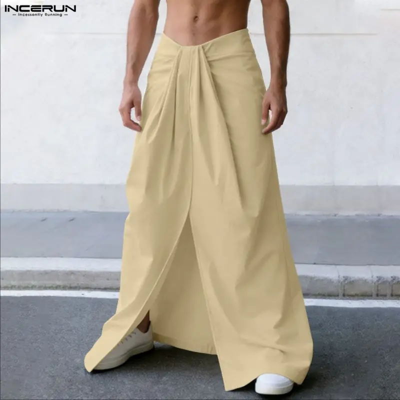 INCERUN Men's Skirts Solid Color Elastic Waist Casual Split Skirts For Man Personality Streetwear 2026 Fashion Men Bottoms S-5XL