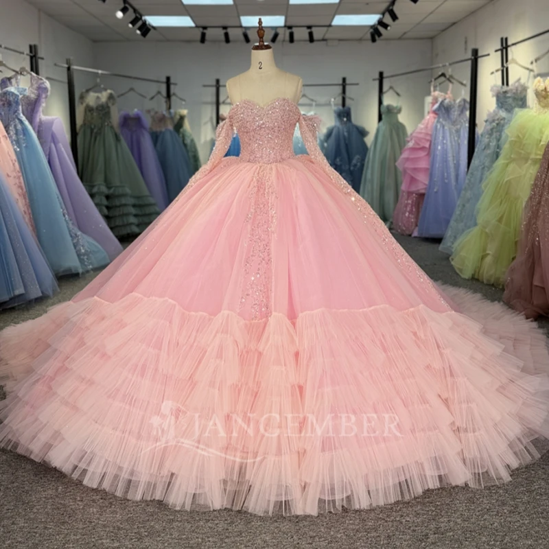 

Pink Shiny Quinceanera Dresses Off The Shoulder Beads Sequin Tiered Tull Party Birthday Ball Gown Vestidos De 15 Anos Sweet 16