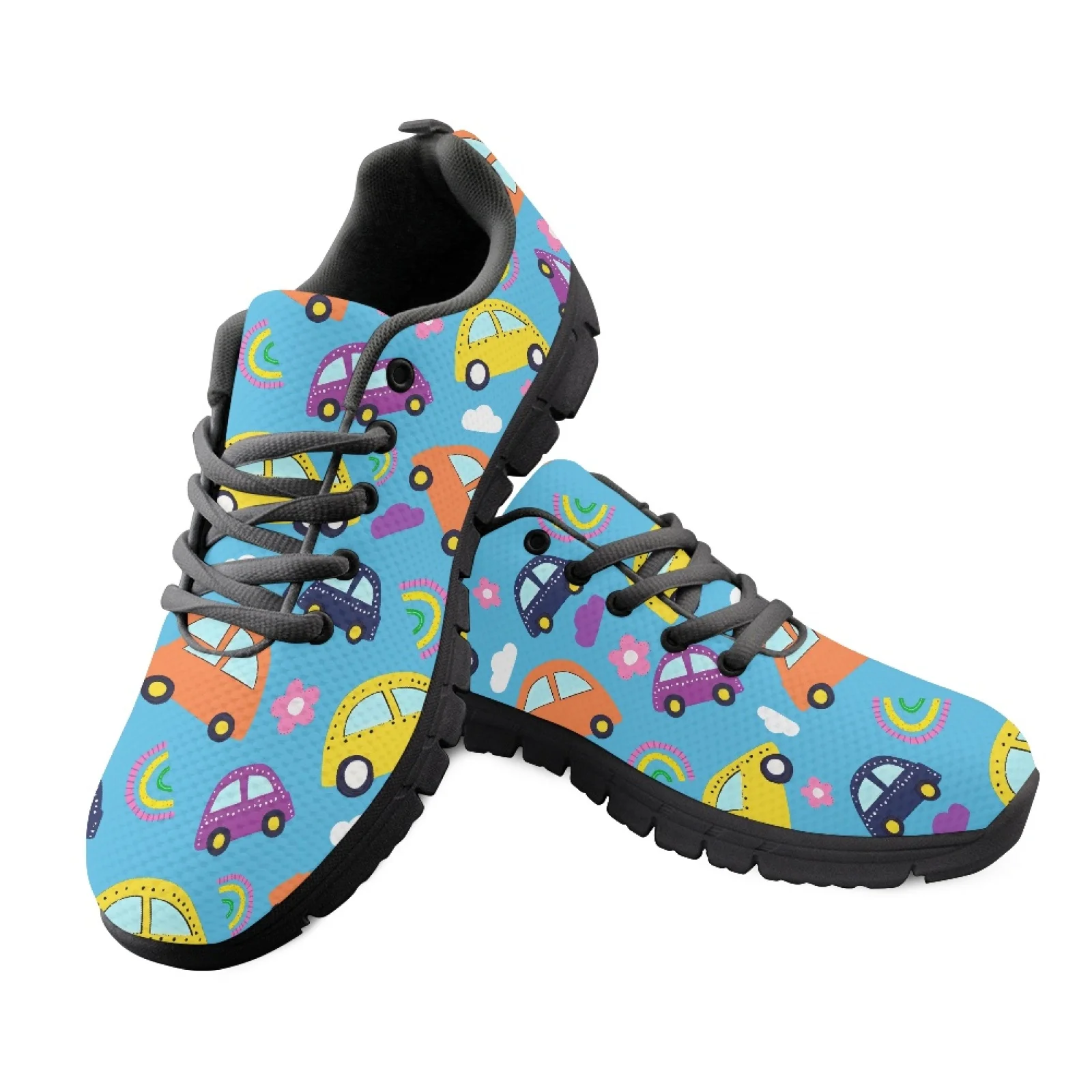 Coloranimal Cartoon Car Print Mens Easy to Clean Work Shoes for Medical Staff Anti-Skid Sports Tennis Shoes for Travel