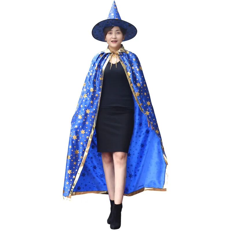 2pcs Adult Magician Cape Cloak With Matching Hat Halloween Wizard Costume Haunted House Bar Cosplay Stage Shooting Outfit Supply
