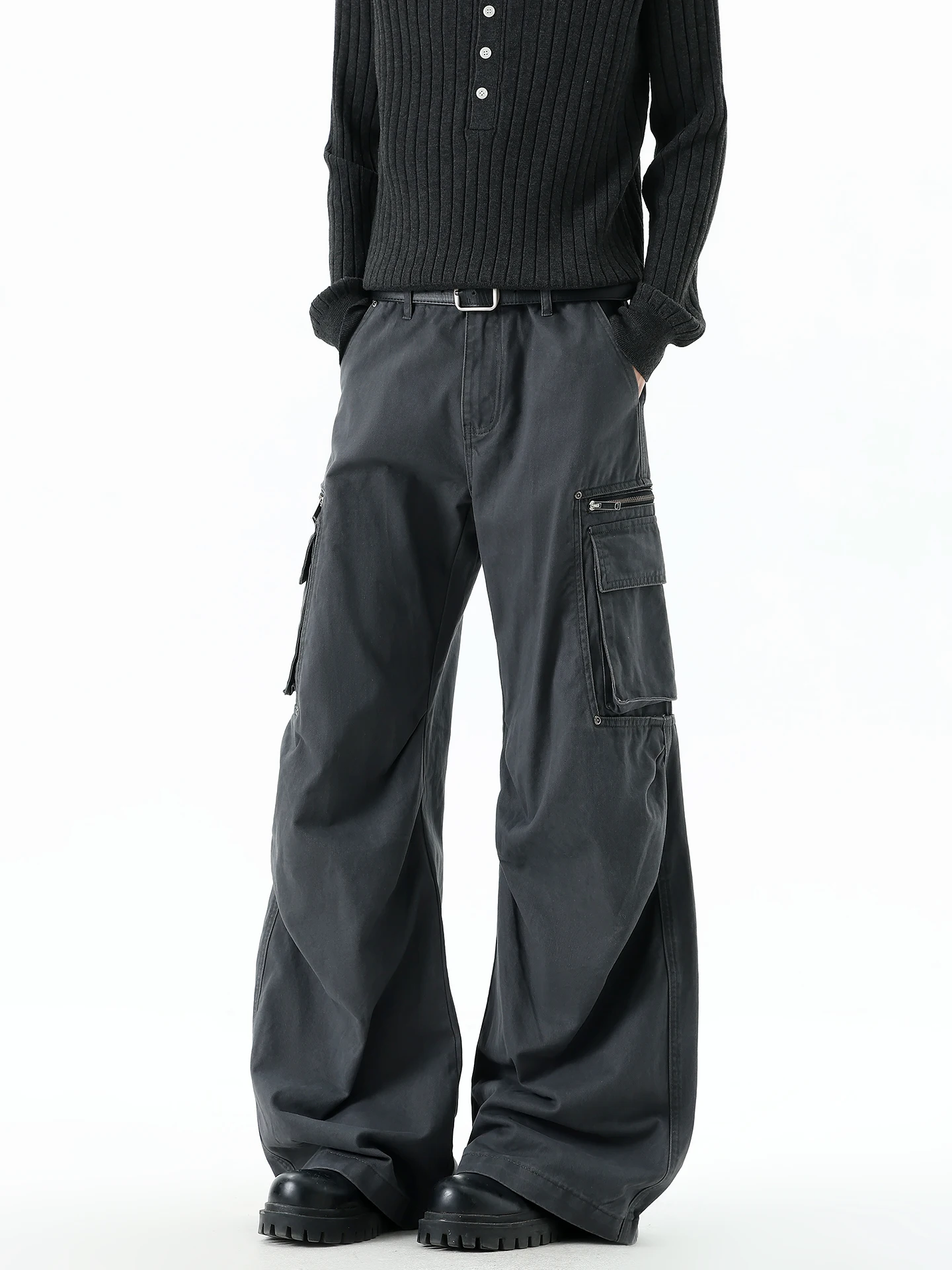 Boyue American Retro Workwear Style Wide Leg Pants Loose Multi Pocket Zipper Design Straight Leg Trousers for Men And Women