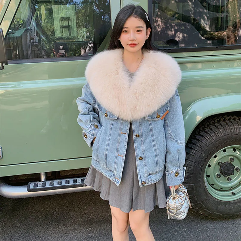 

2023 Natural Fox Fur Collar Denim Fur Coat Women Winter New Casual Warm Goose Down Inner Lining Single Breasted Parka Denim Jack