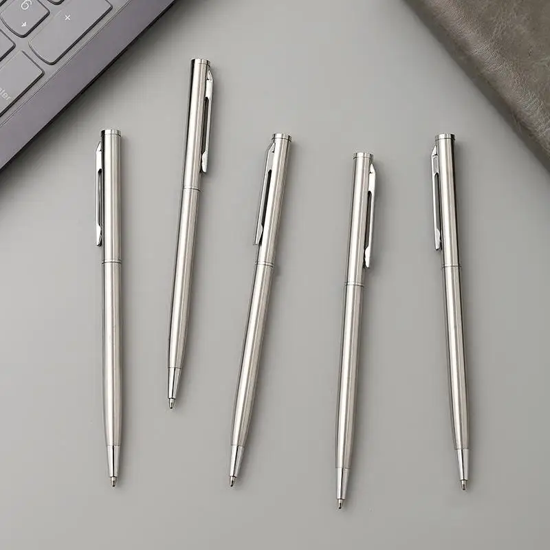 New Elegant Silver Stainless Steel Ballpoint Pens Medium Nib Twist-Top Smooth Writing Durable Office Pens Set for Business