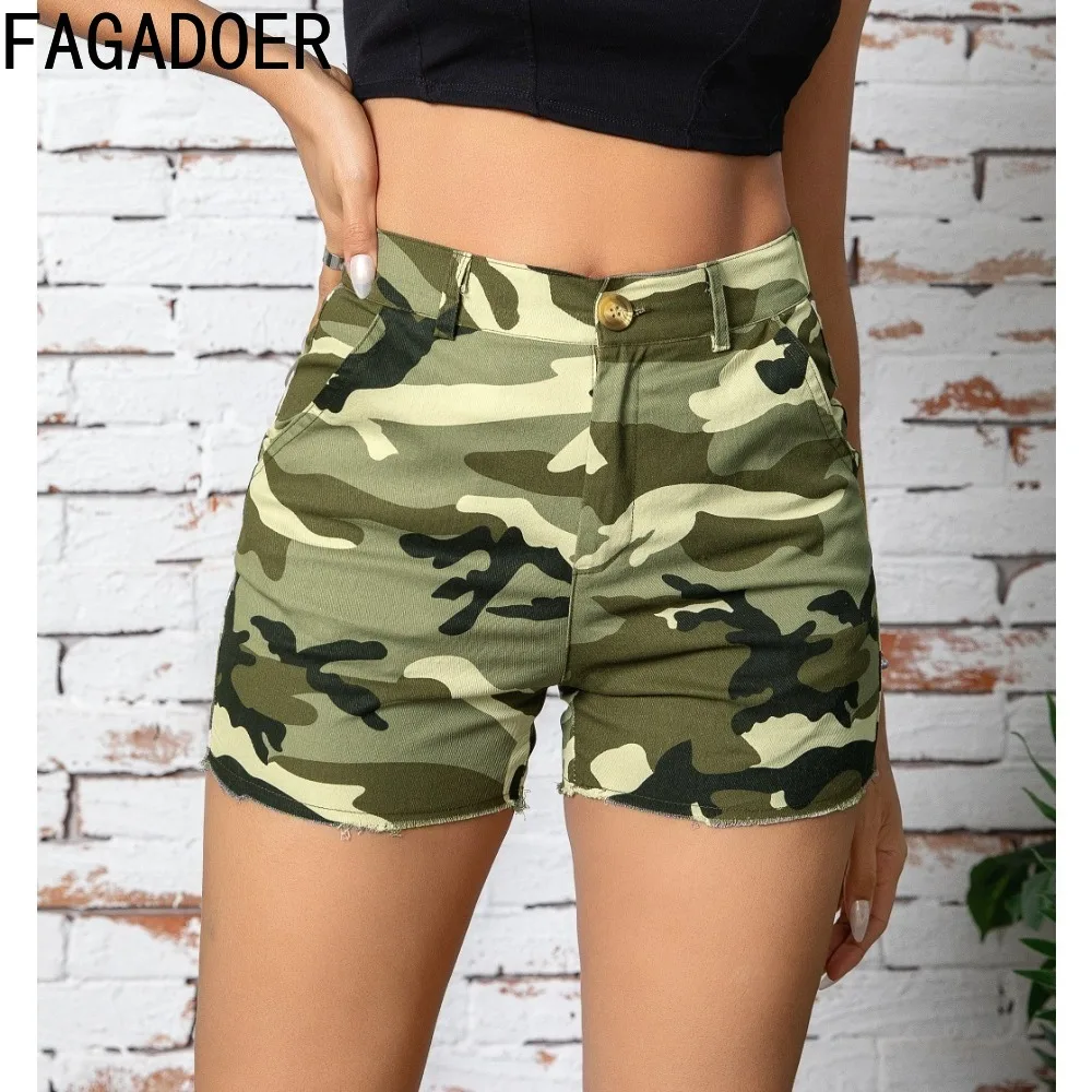 FAGADOER Summer New Camouflage Printing Splicing Shorts Women High Waist Button Pocket Slim Shorts Casual Female Sporty Bottoms