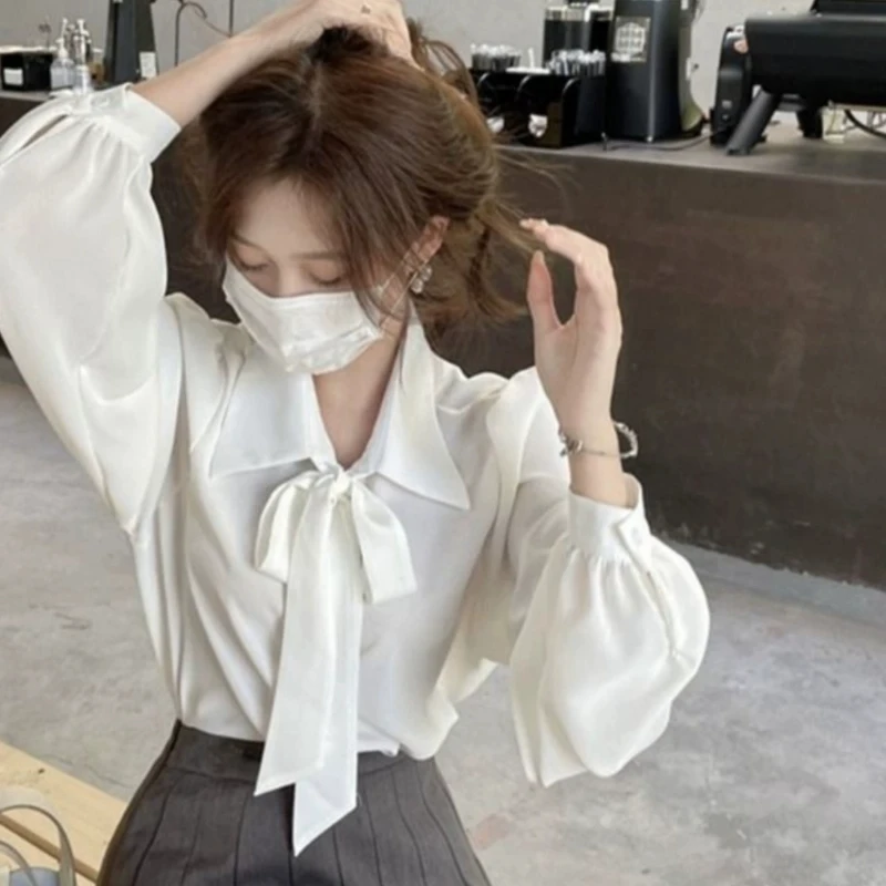 White Casual Shirts Women French Style All-match Office Ladies Bow Buttons Long Lantern Sleeve Tops Loose Daily Aesthetic Chic