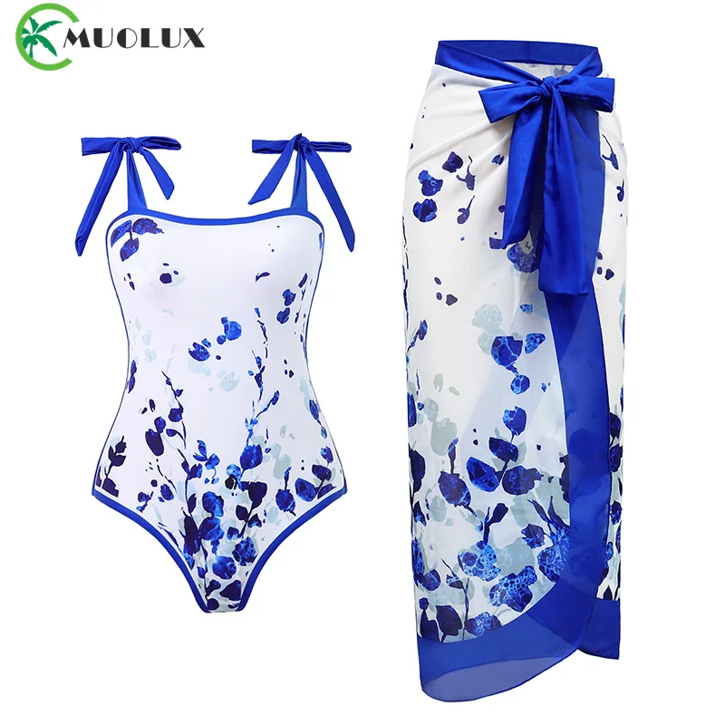 

MUOLUX 2024 One-Piece Women Swimsuit Skirt Vintage Print Deep V Bikini Kimono Cover-Up Swimwear Dress Summer Sarong Beach Wear