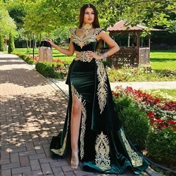 Green Moroccan Kaftan Muslim Evening Dresses A-line Velvet Appliques Dubai Arabic Turkey Caftan Abaya Islamic Gown Customized