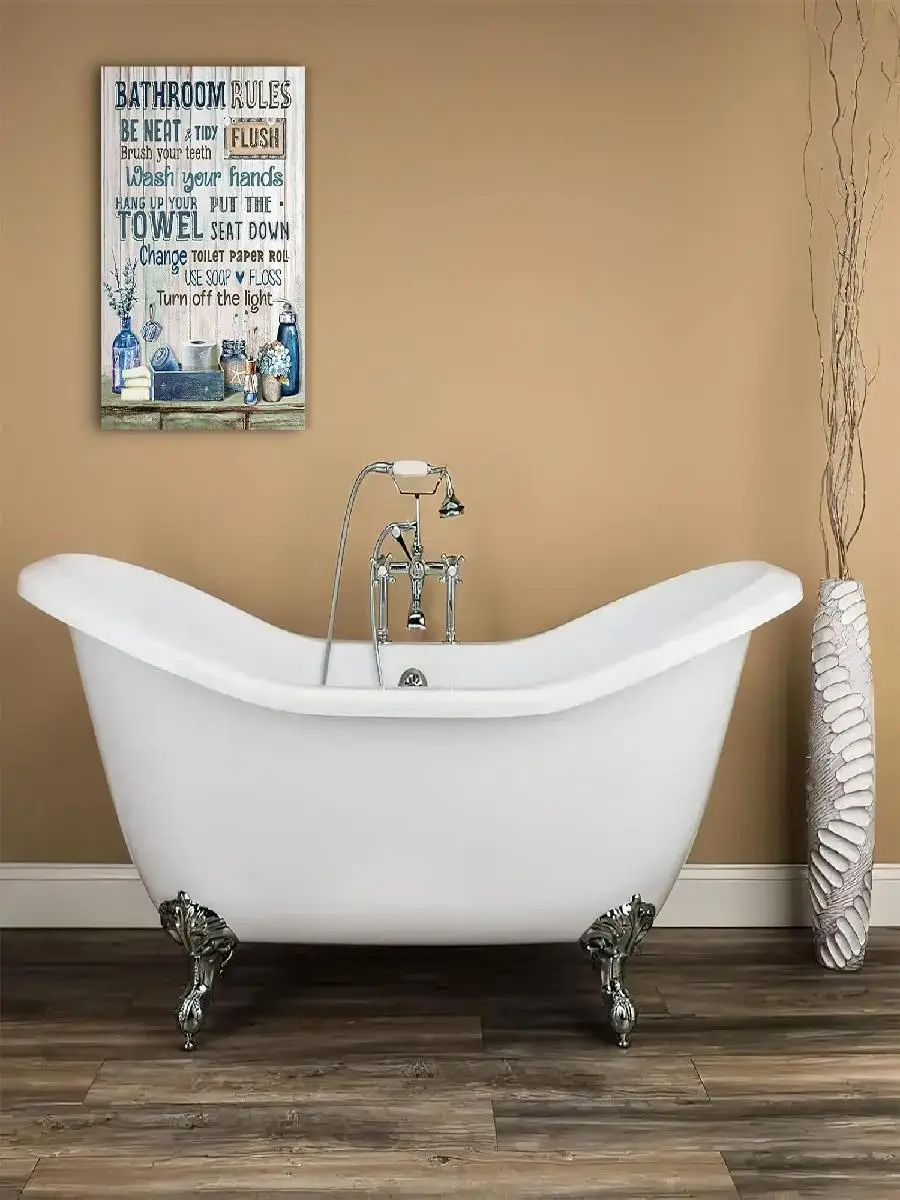 Rustic Bathroom Rules Canvas Wall Art  Navy Blue Framed Modern Artwork for Bathroom Toilet Laundry Room  x inch