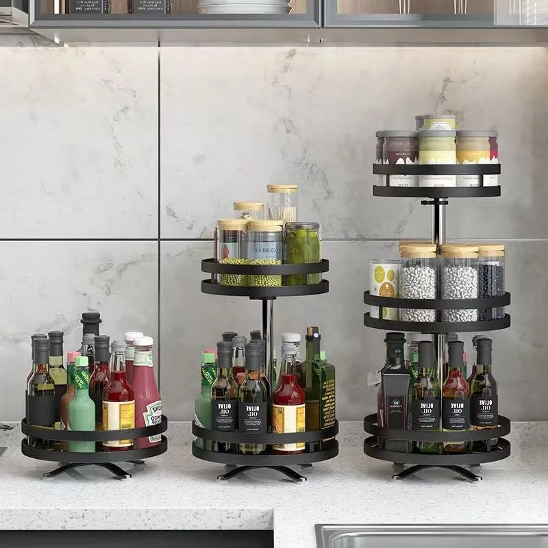 Rotatable 360-degree kitchen storage rack for spices, storage box for condiments, oil, salt, vinegar and seasonings shelf