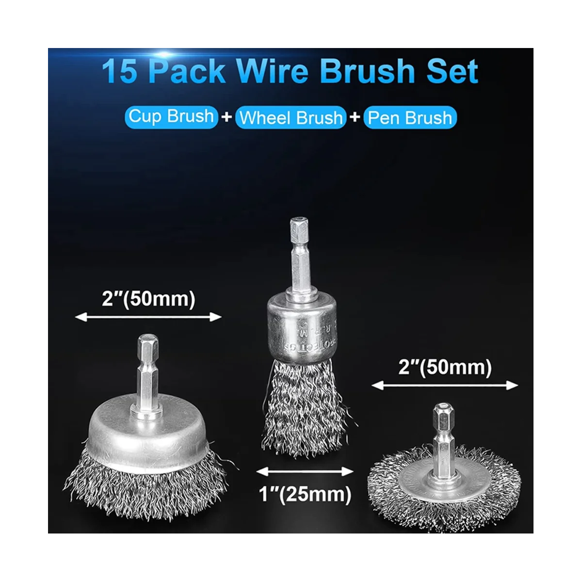 15 Pack Carbon Steel Wire Wheel Brush, Cup Brush, Pen Brush Set for Rust Removal, Corrosion and Scrub Surfaces