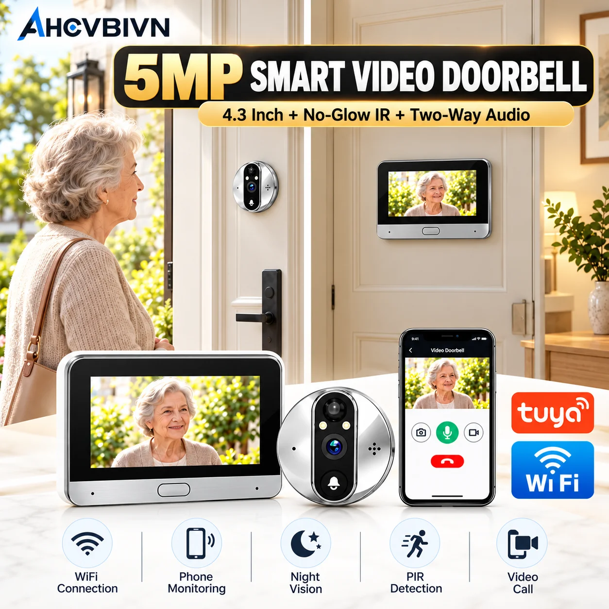 Tuya APP WiFi Peephole Video Doorbell Camera PIR Motion Detection Two‑Way Audio IR Night Vision Home Security Door Viewer