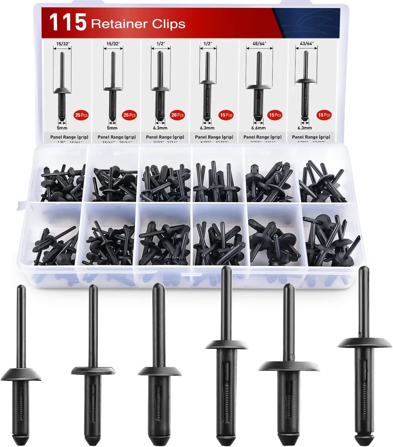 

115Pcs 6 Sizes Universal Pop Rivet Assortment Rivet Clip Black Nylon Blind Rivets Compatible
