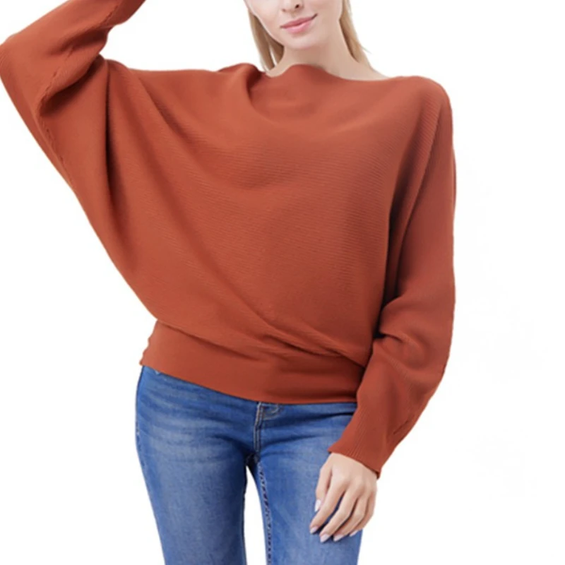 

2025 New Women Pullover Long Batwing Sleeve Knit Tops Autumn Solid Color Slash Neck Pullovers Office Lady Sweaters Loose Clothes