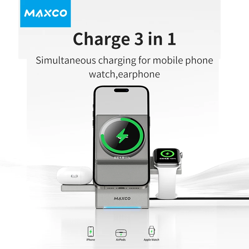 3 in 1 Wireless Charger Stand Magnetic Qi2 15W Fast Charging for iPhone 12 13 14 15 16 Apple Watch 9 8 7 6 5 Airpods 2 3 Pro