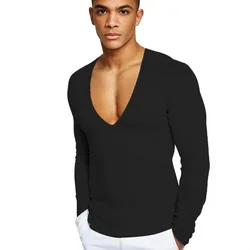 Mens Deep V-Neck T-shirts Plus Size Men Long Sleeve T Shirt Solid Color Casual Bottoming For Male Tees Shirt MRMT 2024 Brand New