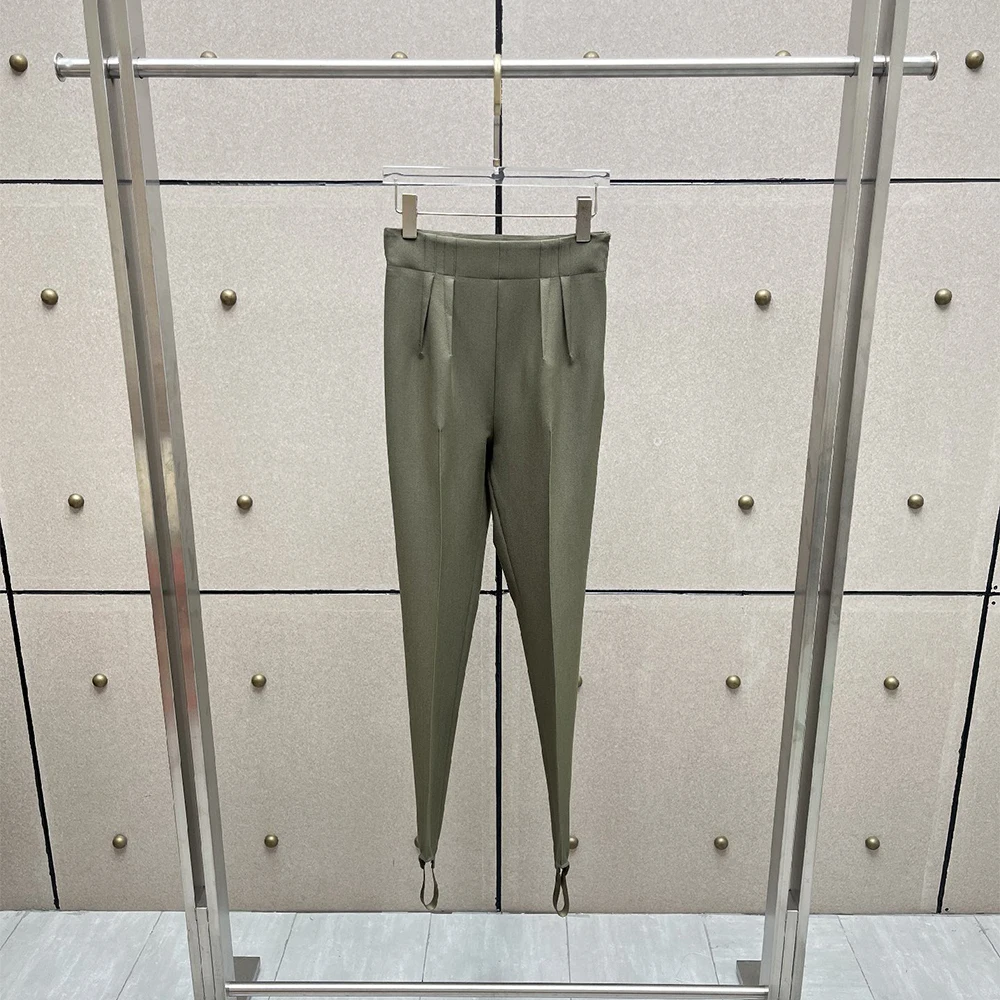 Ladies High Waist Stirrup Pants Pleated Slim Long Trousers Elastic Waist Formal Office Workwear Women Foot Strap Suit Pants