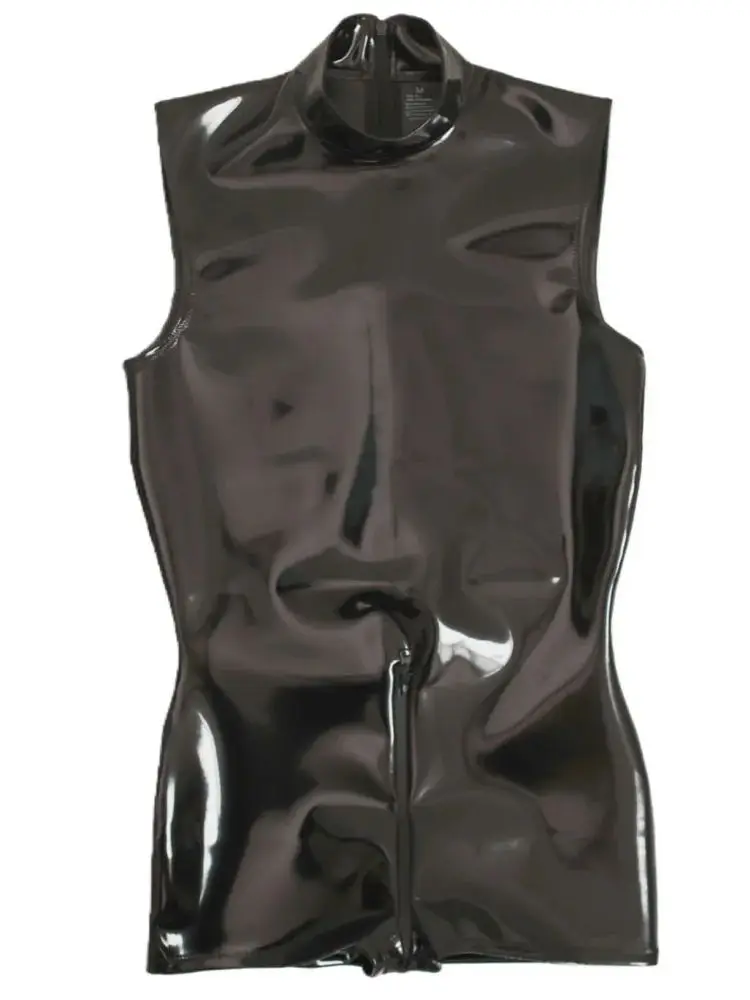 XS-3XL Double Sided PU Leather Vest Leotard Sleeveless Faux Latex Catsuit Wet Look PVC Zipper Open Crotch Bodysuit Tights Tank
