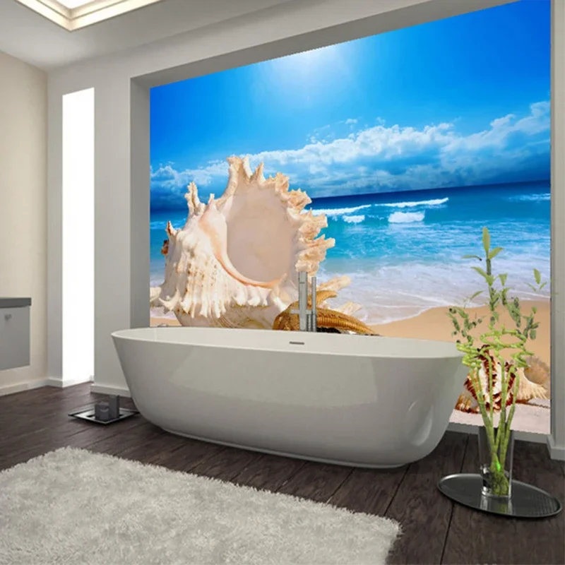 Modern Beach Seaside Landscape Photo Mural Wallpaper PVC Self Adhesive Waterproof Bathroom Backdrop Wall Painting Sticker Fresco