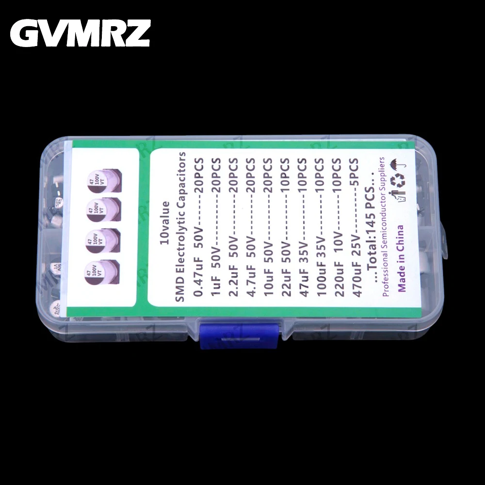 10Values ​​145PCS SMD Aluminum Electrolytic Capacitor Kit 0.47UF 1UF 2.2UF 4.7UF 10UF 22UF 50V