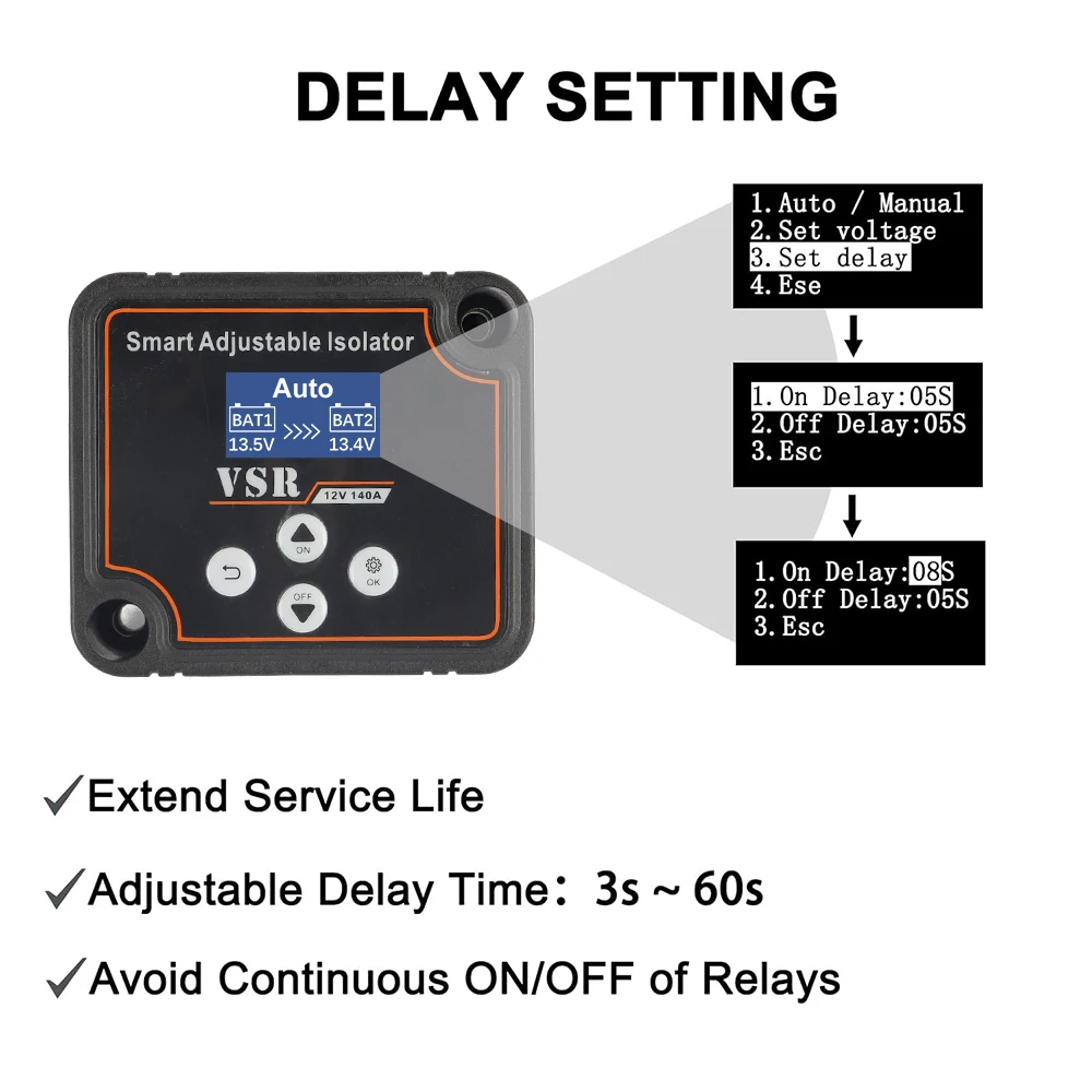 

Регулируемый по напряжению двойной изолятор батарей 12В 140А (VSR) для литиевых и свинцово-кислотных автомобильных аккумуляторов с регулируемым напряжением