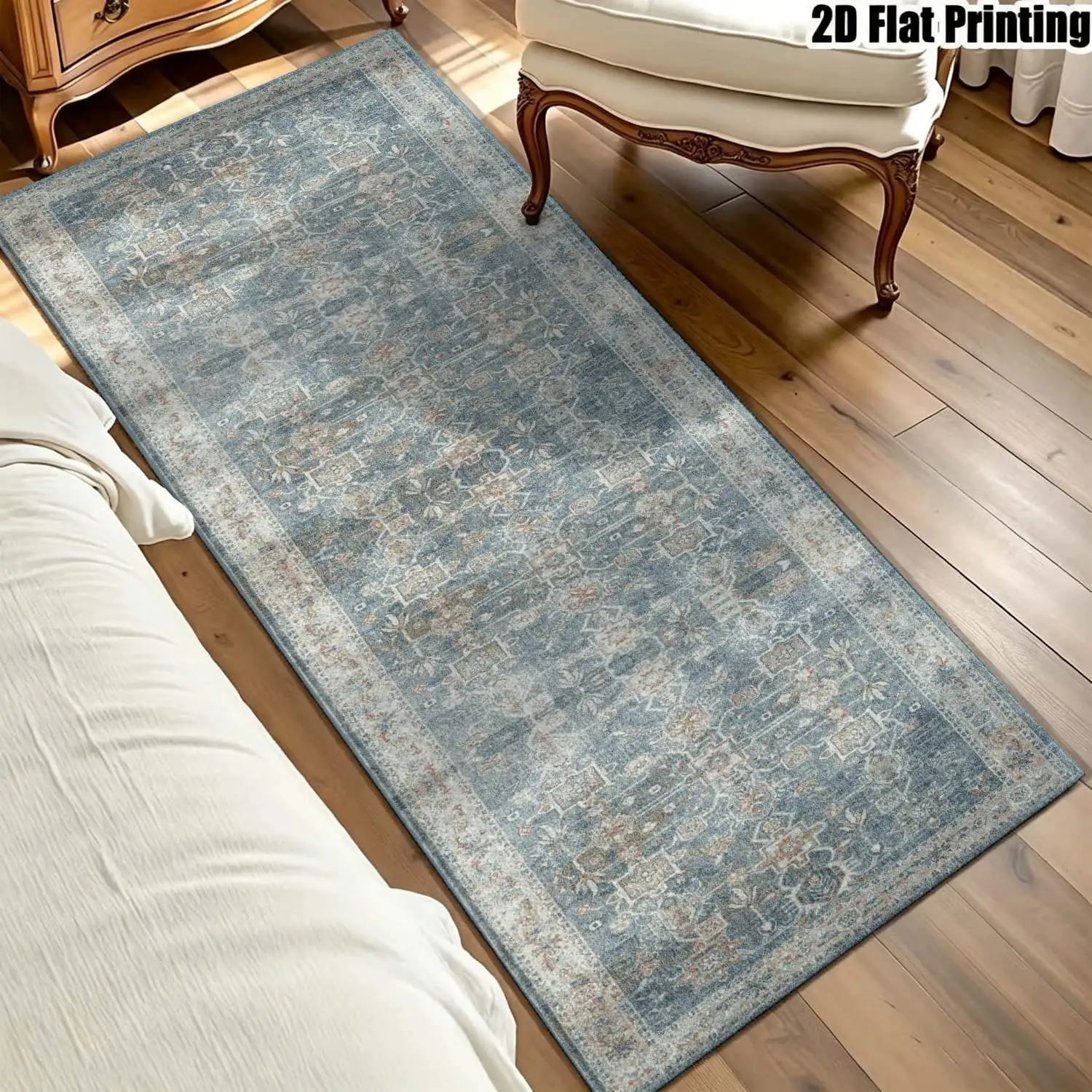 1Pc 2D Printed Striped Runner Rug: Blue-Grey Retro Floral, European/Bohemian/Geometric Style, Machine Washable, Multi Sizes, Ideal for Home Decor, Entrance, Hallway, Living Room, Bedroom 6