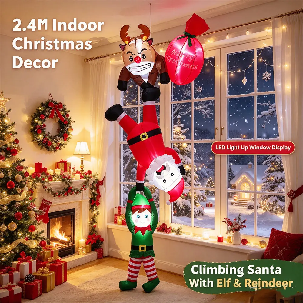 2.4M Built-in LED Christmas Inflatable Climbing Santa Upsidedown Santa with Elves and Reindeer Christmas Window and Decoration