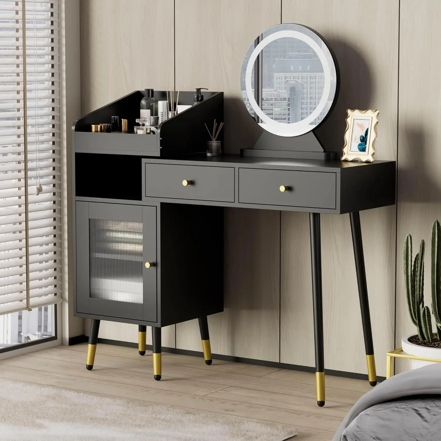 Make-upbureau met spiegel en verlichting, make-upijdelheid met acryldeur en 2 lades, 3 verlichtingsmodi, kleuropties beschikbaar