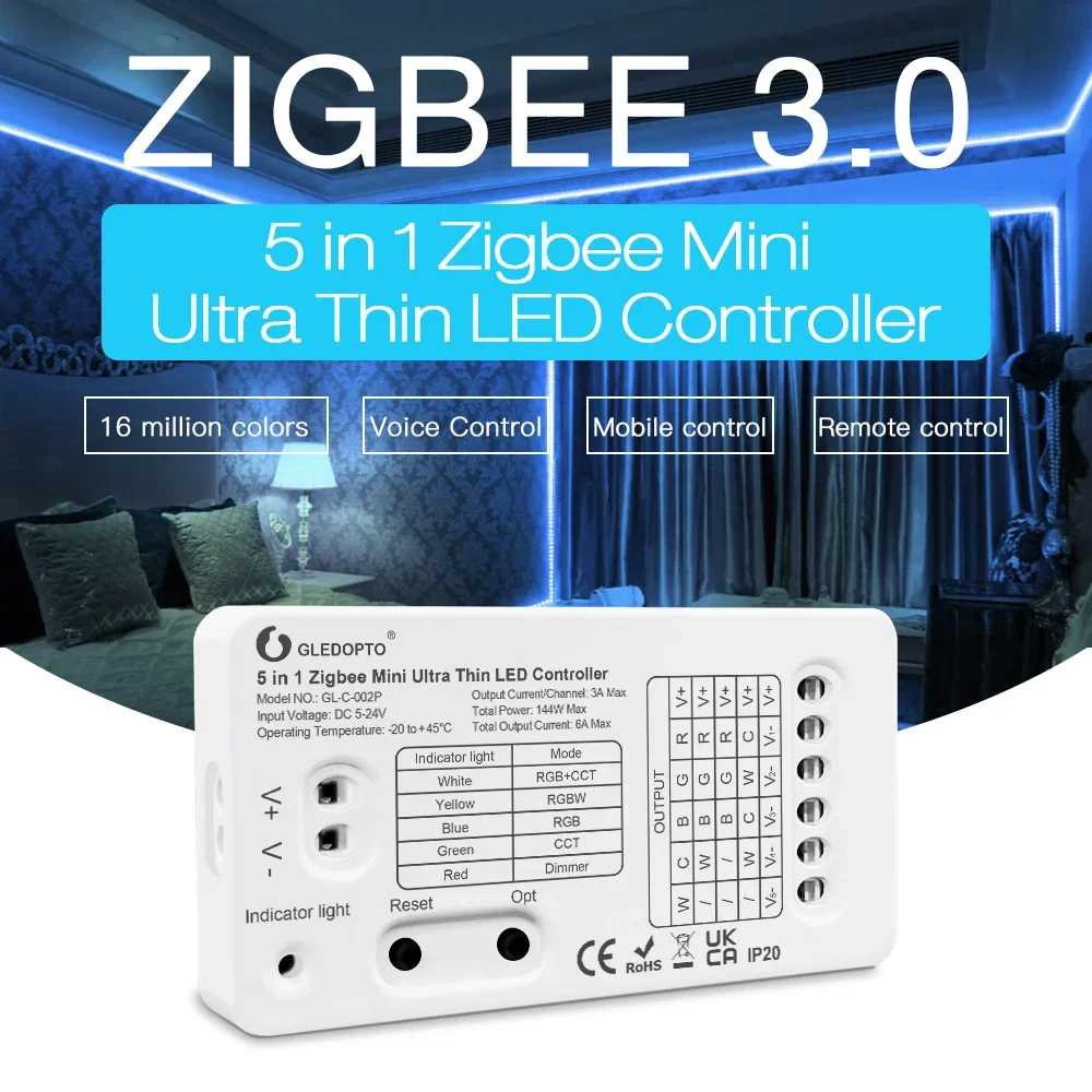 Gledopto Zigbee Mini Ultral Thin 5 in 1 LED Strip Controller DC5V-24V Compatible With Tuya APP Amazon Voice 2.4G Remote Control