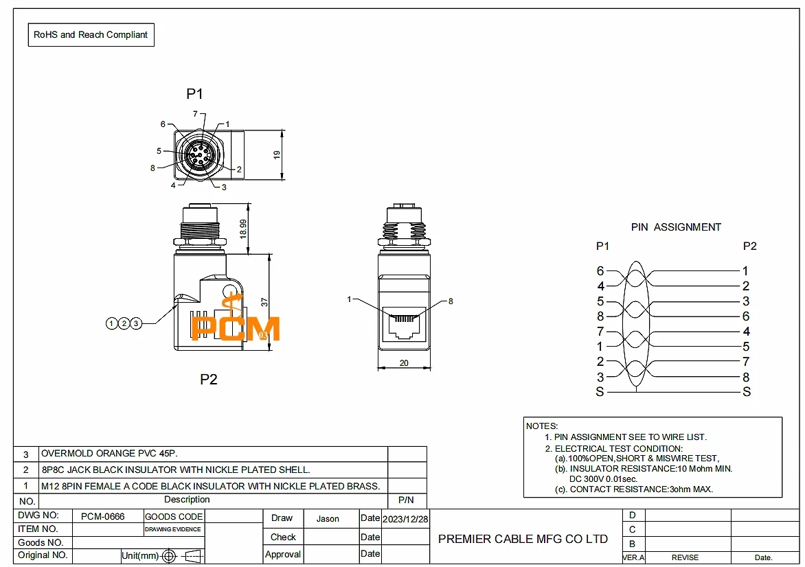 Schottverbinder M12 auf RJ45 Adapter M12 8-Pin Typ A Code Ethernet auf RJ45 8P8C Einbau-Winkeladapter – Detail 1