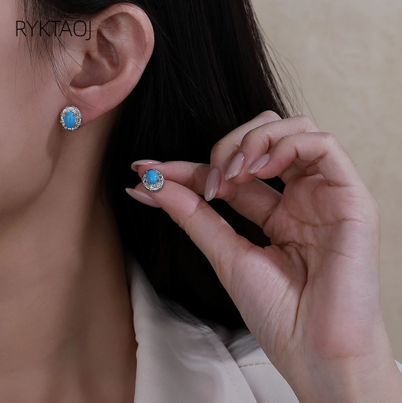 925 Sterling Silver Oval Simulated Turquoise Stud Earrings for Women Halo Cubic Zirconia Vintage Luxury Party Fine Jewelry Gift