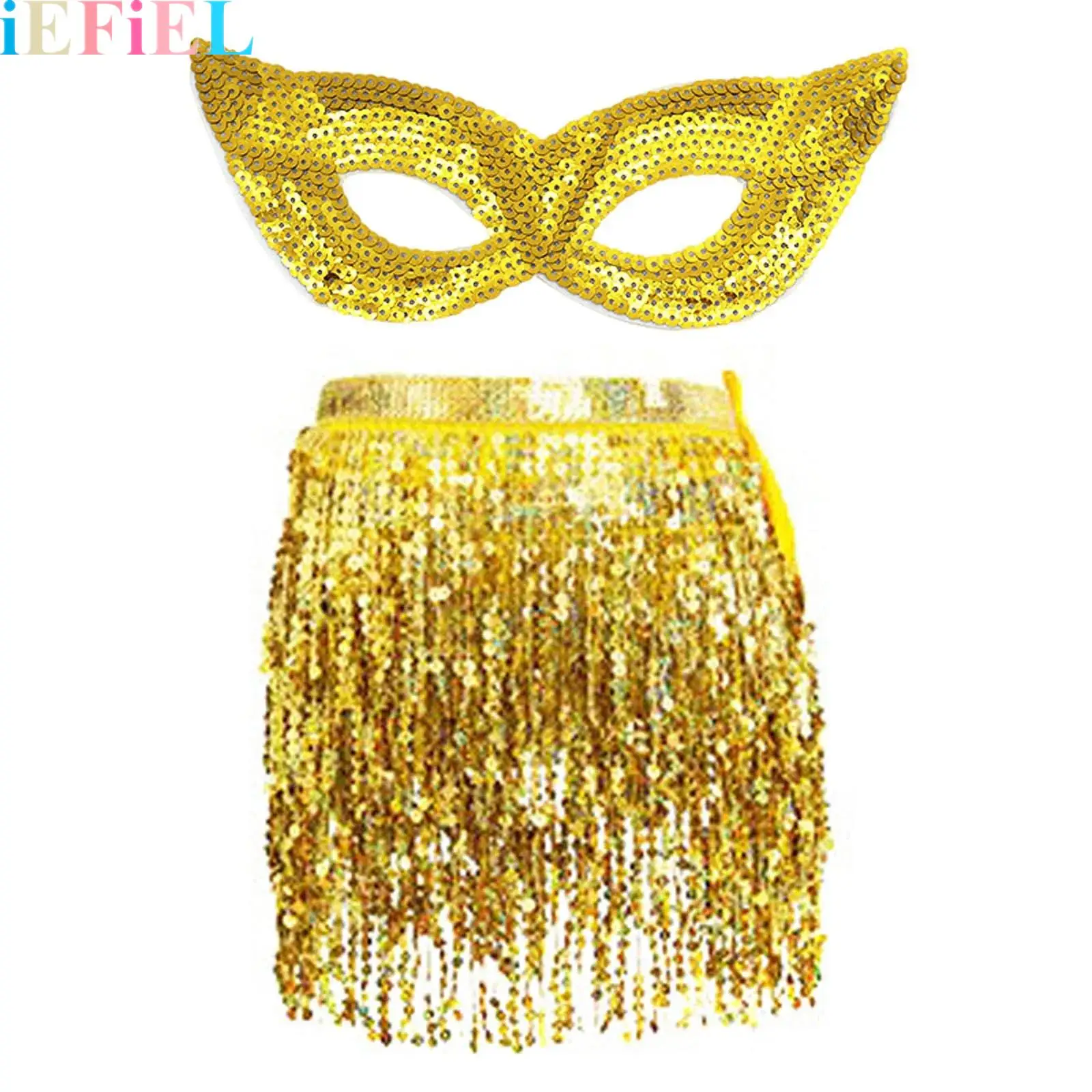 

Women Sequins Belly Dance Costumes Set Tassel Belly-dance Waist Chain And Sequin Mask for Masquerade Party