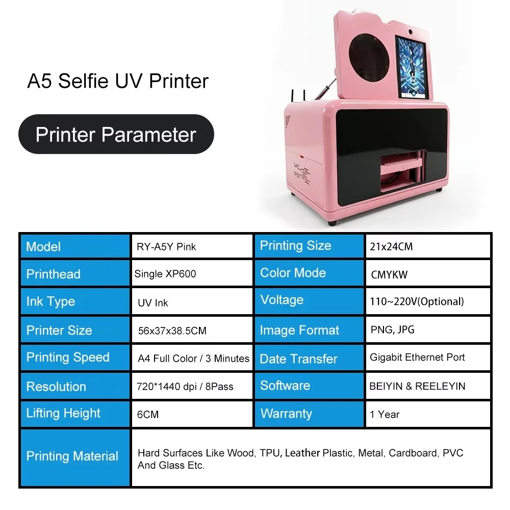 New Arrival Selfie UV Printer A5 Pink Case Flatbed Printer Machine for Phone Case PVC ID Card Puzzle Golf Ball Printing